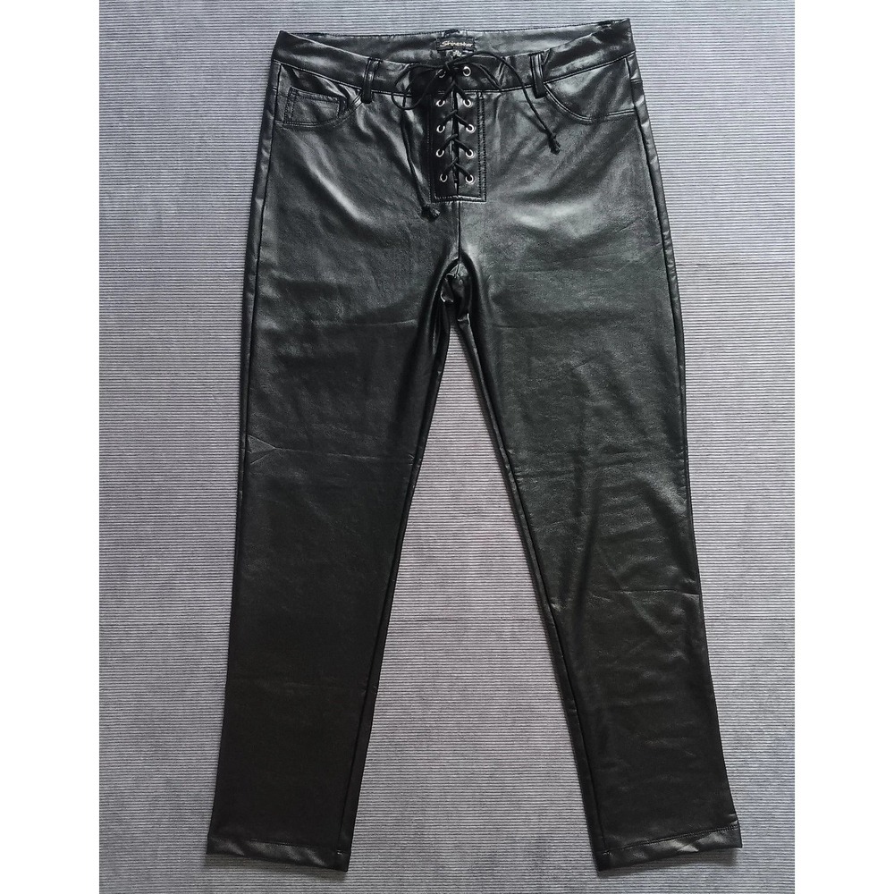 NWT Shinestar Women's Tie Front Black Faux Leather High Waist Pants XL - Picture 2 of 11